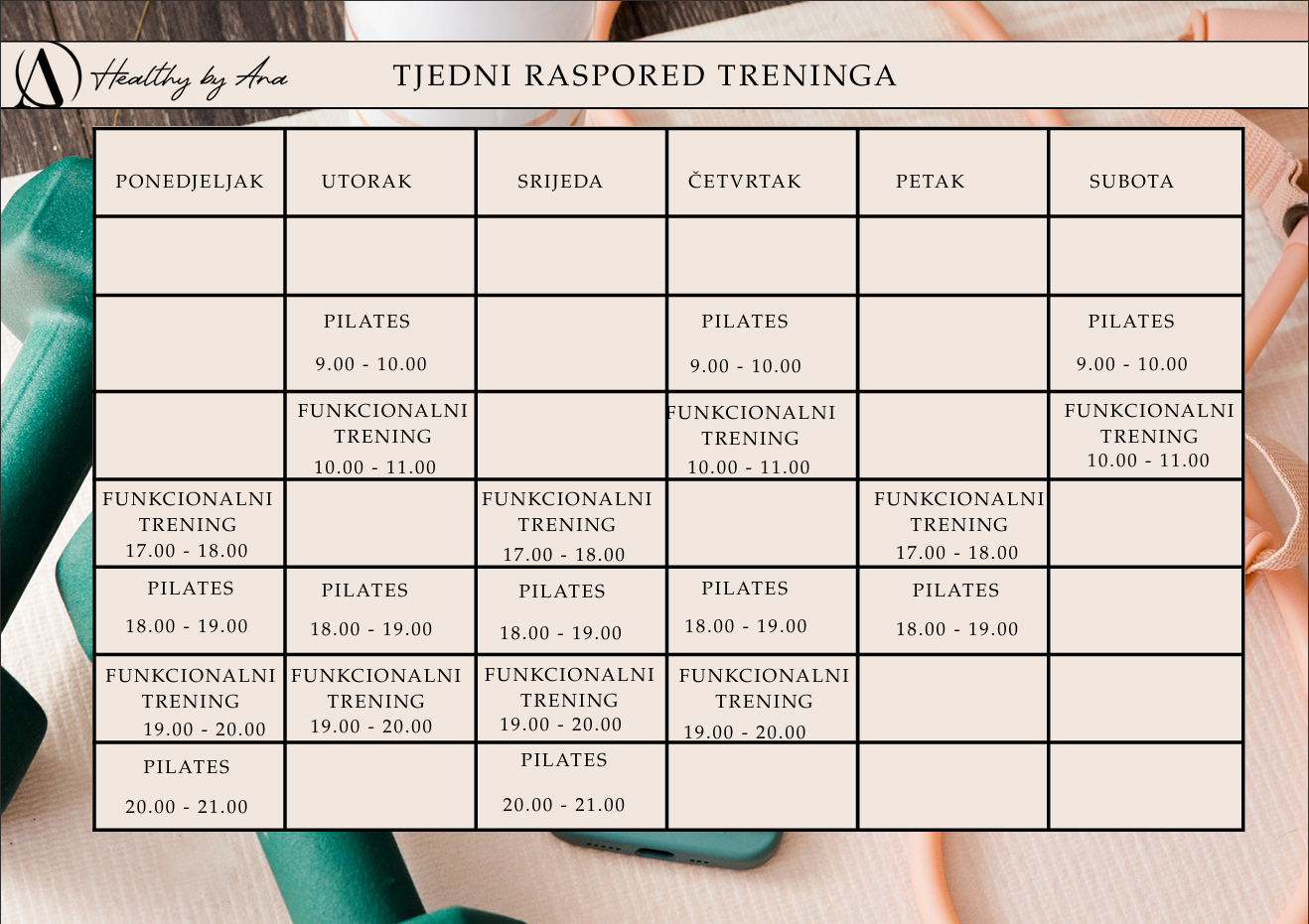 Raspored grupnih treninga Healthy by Ana